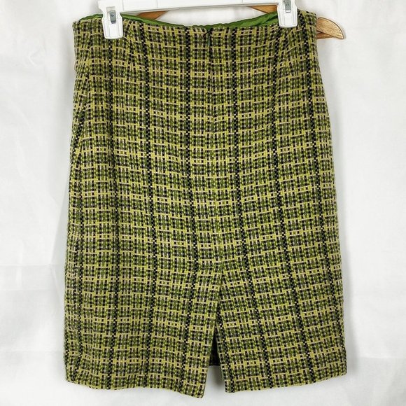 Theory Lime Green Plaid Tweed Wool Blend Knee Length Pencil Skirt Size 12 - Picture 4 of 15